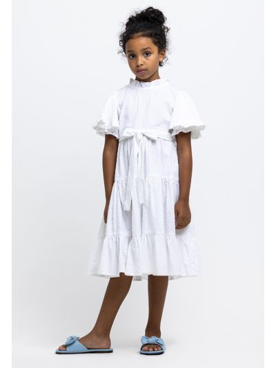 Ruched Details Self Tie Waist Band Tiered Midi Dress -Sale