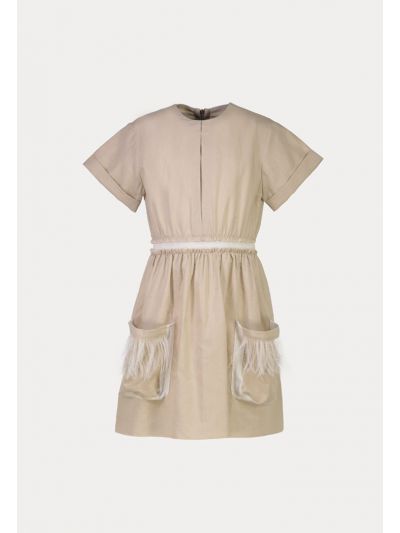 Ruched Feathers Details Elastic Waist Dress -Sale