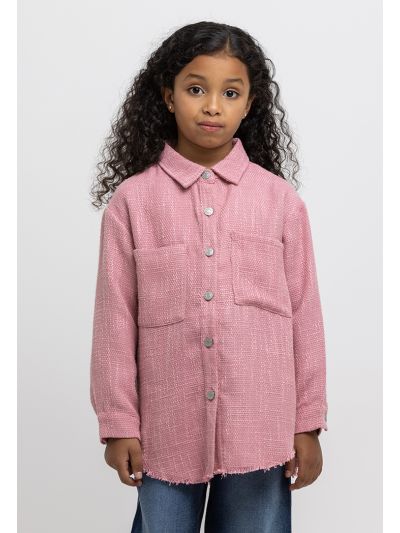 Collared Front Pockets Frayed Hemline Shirt -Sale