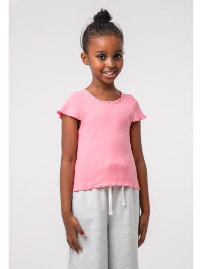 Solid Lace Trim Cap Rib Blouse -Sale