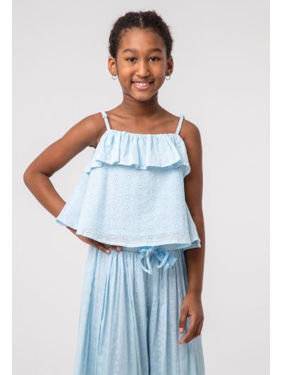 Schiffli Square Ruffle Sleeveless Crop Top -Sale