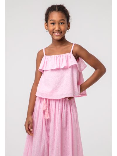 Schiffli Square Ruffle Sleeveless Crop Top -Sale