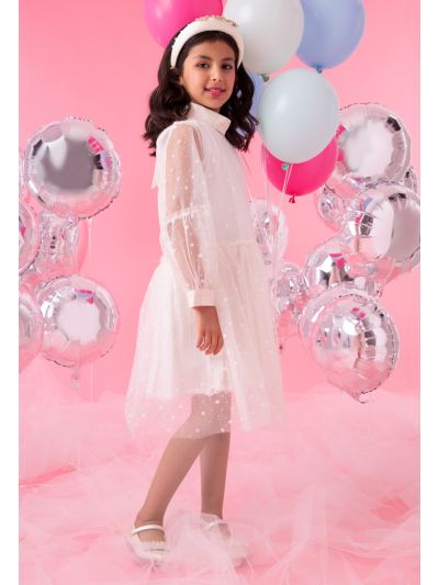 Tie Neck Floral Flocked Lurex Tulle Dress