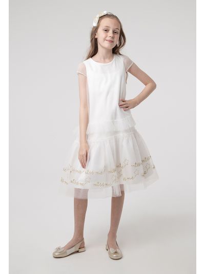 Tulle Text Embroidered  Layer Ruffle Long Dress -Sale