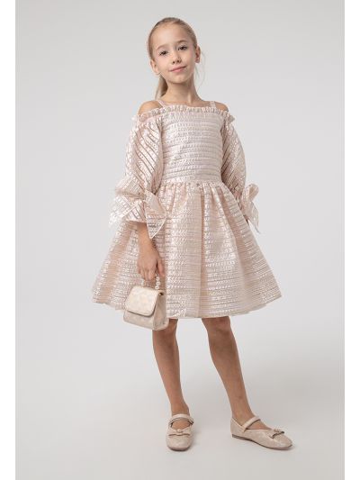 Neckline Frill Trim Lurex Cold Shoulder Dress -Sale