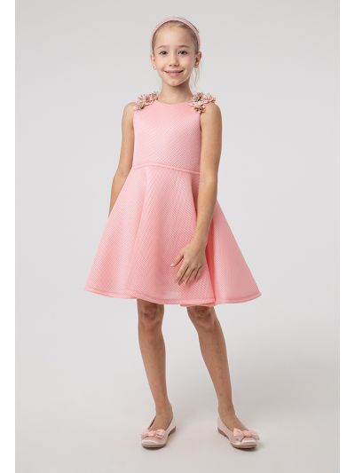 Solid Air Mesh Panel Floral Embellish Sleeveless Dress -Sale