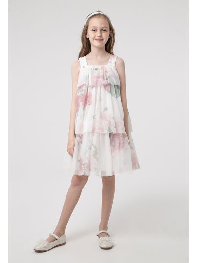 Tiered Floral Printed Tulle Layers Dress 