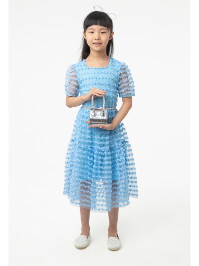 Flowers Puffy Organza Sleeves Dress With Belt -Sale