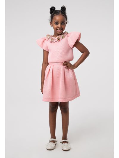 Solid Collar Embellished Air Mesh Dress Set -Sale