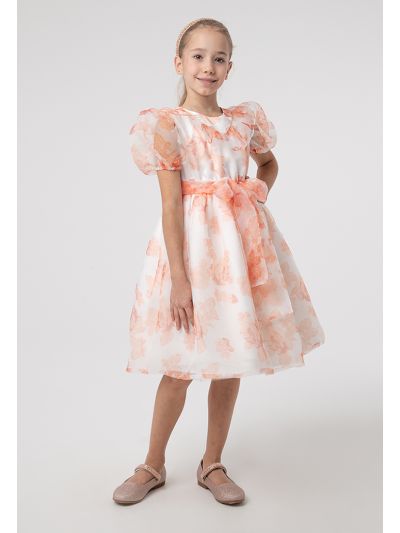 Self Tie Belt Ruffle Floral Print Puff Party Dress -Sale