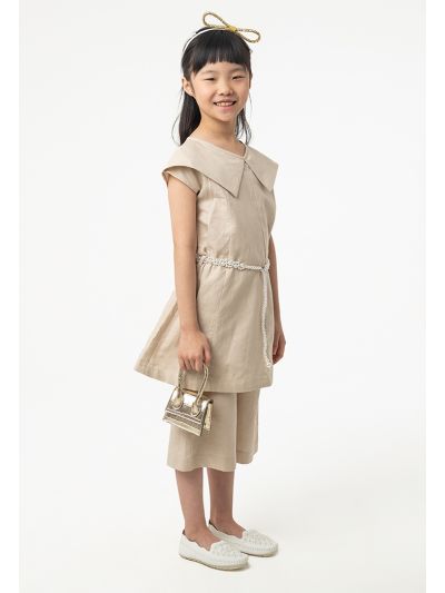 Solid Peter Pan Collar Blouse And Cropped Pants Set -Sale