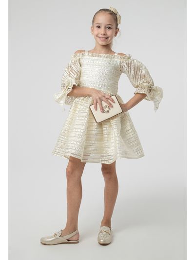 Neckline Frill Trim Lurex Cold Shoulder Dress -Sale