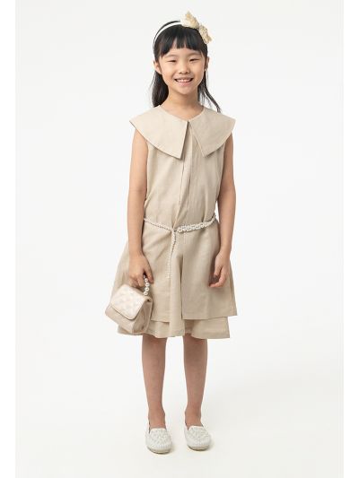 Solid Peter Pan Collar Dress Combo With Pearly Belt -Sale
