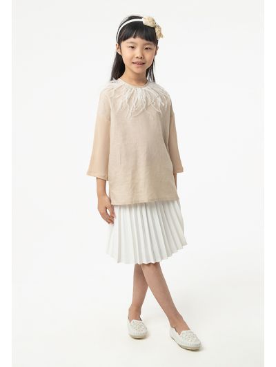 Feather Embellished Blouse And Pleated Skirt Set -Sale