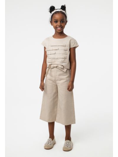 Solid Ribbon Details Cropped Blouse And Pants Set -Sale