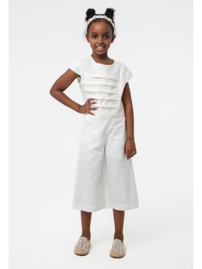 Solid Ribbon Details Cropped Blouse And Pants Set -Sale