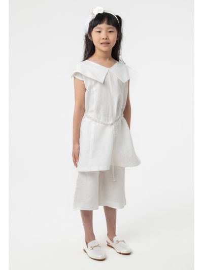 Solid Peter Pan Collar Blouse And Cropped Pants Set -Sale