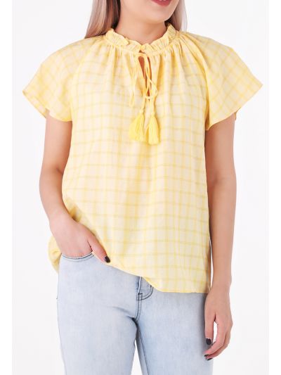 Shirred Ruffle Tie Neck Blouse