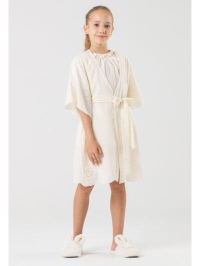 Schiffli Open Robe With Self Tie Waist Band