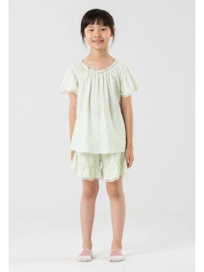 Polka Dots Elasticated Ruffles Lace Pajama Set -Sale