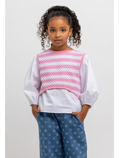Puffy Solid Blouse With Knitted Multi Colored Vest -Sale