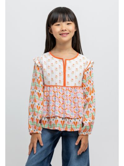 Multi Print Ruched Frills Casual Blouse -Sale