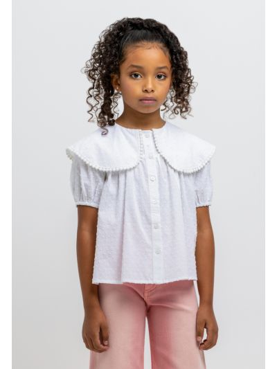 Peter Pan Pom Pom Collar Solid Buttons Down Blouse -Sale