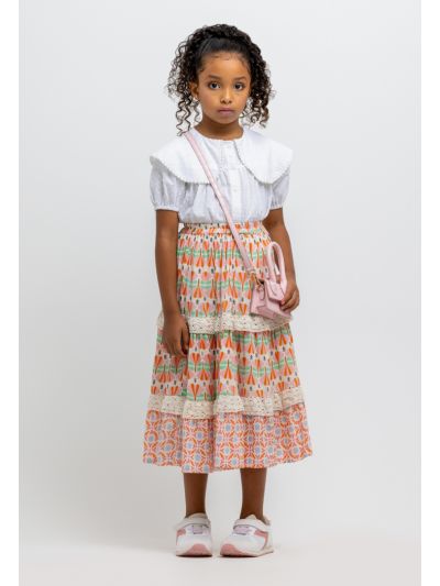 Multi Printed Tiered Schiffli Details Skirt -Sale