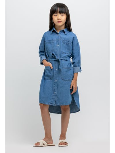 Button Down Front Pocket Denim Shirt Dress -Sale