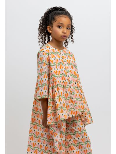 Printed Buttons Down Hi-Low Hem Tiered Blouse -Sale