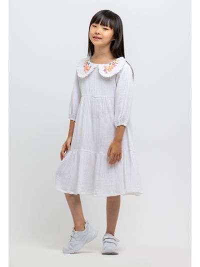 Hand Embroidery Puritan Collar Tiered Hem Dress -Sale
