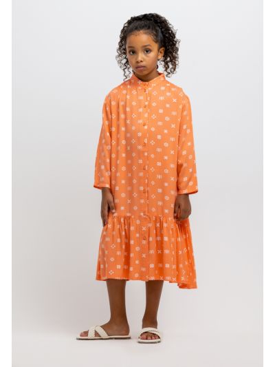 All Over Printed Drop Waist Hi-low Shirt Dress -Sale