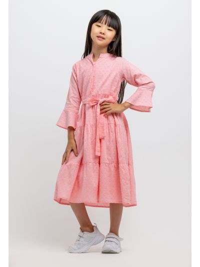 Long Sleeve Snap Closure Tiered Midi Dress -Sale