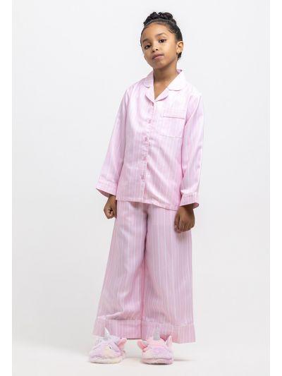 Satin Striped Collared Front Buttons Pajama Set