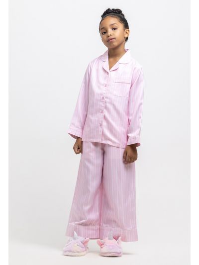 Satin Striped Collared Front Buttons Pajama Set -Sale