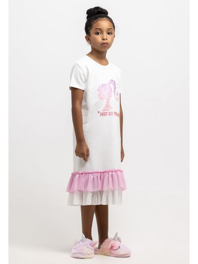 Barbie Printed Short Sleeves Ruffled Hemline Cotton Sleepshirt