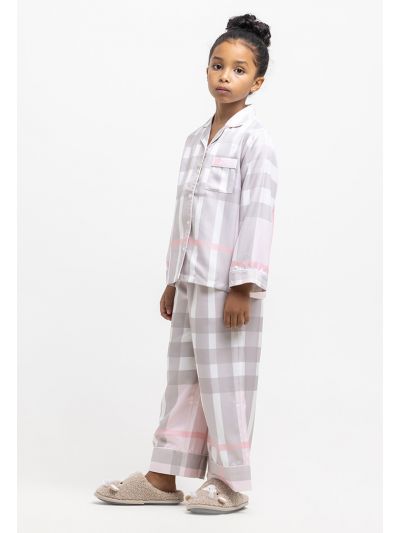 Checked Notch Lapel Collared Buttons Pajama Set -Sale