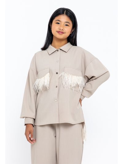Feather Flap Pockets Schiffli Lace Back Collared Shirt -Sale