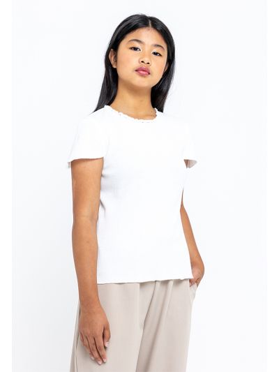 Lettuce Trim Ribbed Short Sleeves Basic T-Shirt -Sale