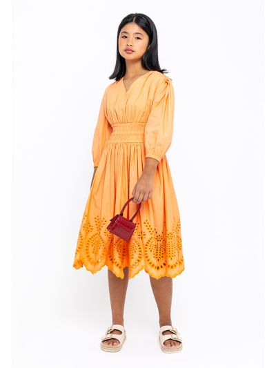 V-Neckline Puffy Sleeves Schiffli Midi Dress -Sale