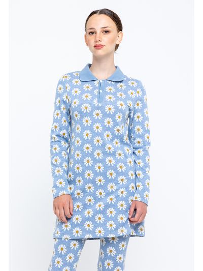 Daisy Printed Buttoned Collared Long Blouse -Sale
