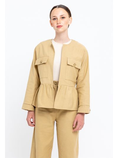 Front Pockets Open Flounce Peplum Jacket -Sale