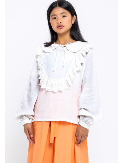 Schiffli Puritan Ruched Collar Long Sleeves Blouse -Sale