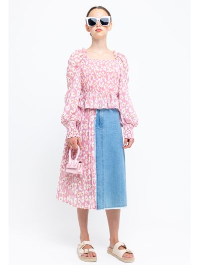Daisy Pleated Print Frayed Hem Denim Skirt -Sale