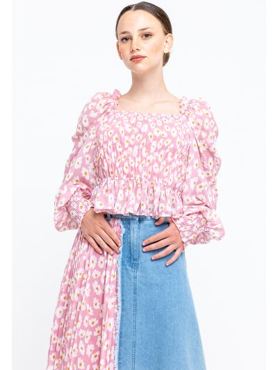 Daisy Print Puffy Sleeves Seersucker Ruched Blouse -Sale
