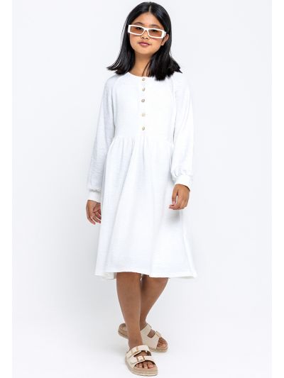 Round Neckline Wooden Buttons Solid A-Line Dress -Sale