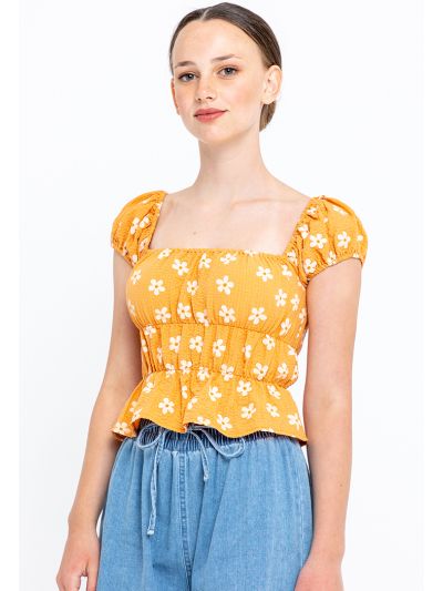 Daisy Print Seersucker Pattern Ruched Blouse -Sale