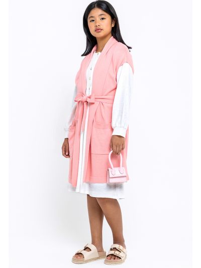Sleeveless Side Pockets Open Cardigan With Self-Tie Belt -Sale