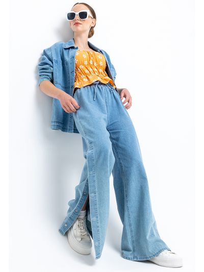 Wide Leg Cut Draw String Waist Side Buttoned Denim Pants -Sale