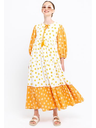 Multiprint Daisy Flowers Lantern Sleeves Tiered Cut Dress -Sale